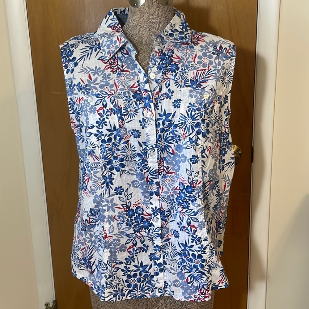 Karen Scott Womens Large Sleeveless Blouse Red White Blue Floral Button Down